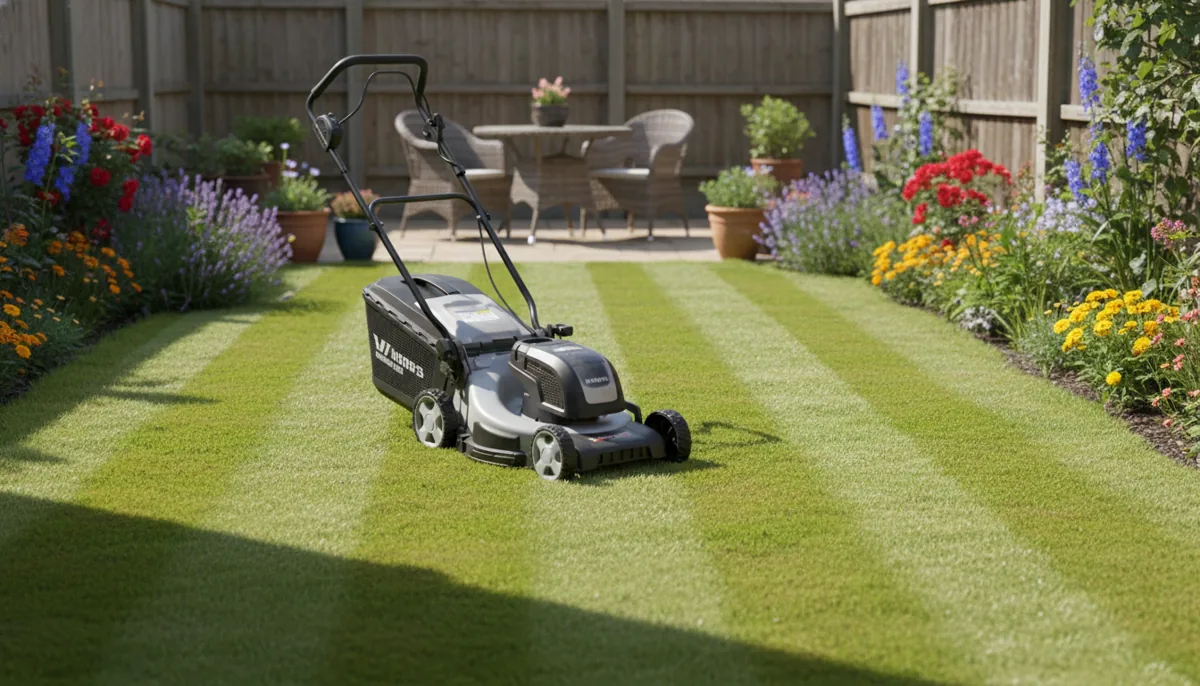 Cordless lawn mower cutting a striped lawn in a British back garden