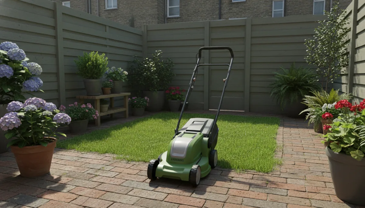 Compact cordless lawn mower folded flat for easy storage in a small UK home
